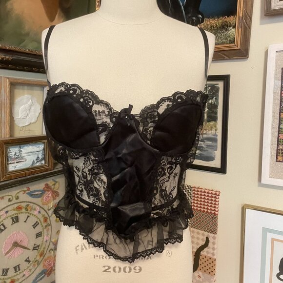 Sheer Black Lace & Satin Chemise Top with Adjustable Straps & Ruffle Trim 2X - Picture 1 of 4
